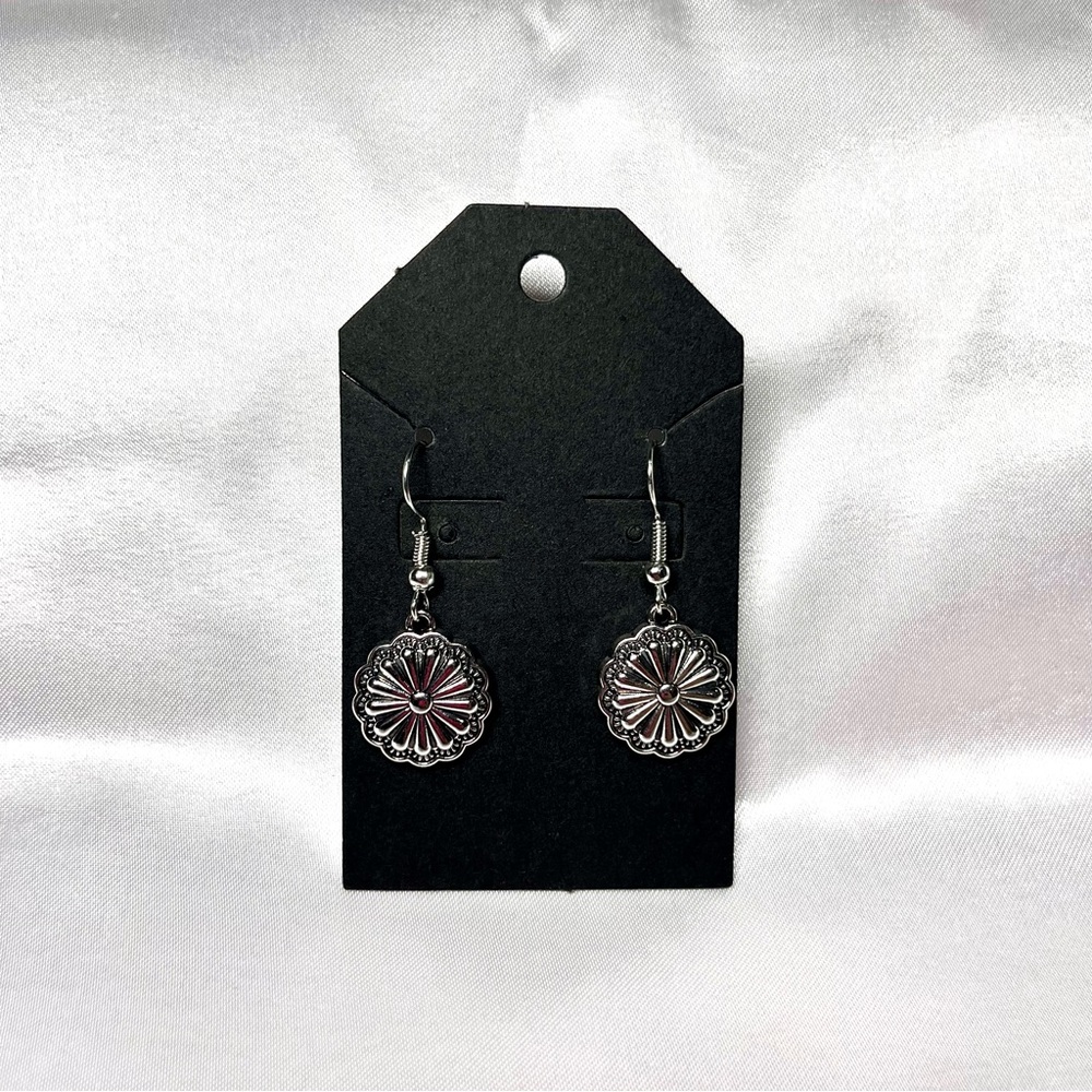Western Silver Floral Dangle Earrings - Handmade